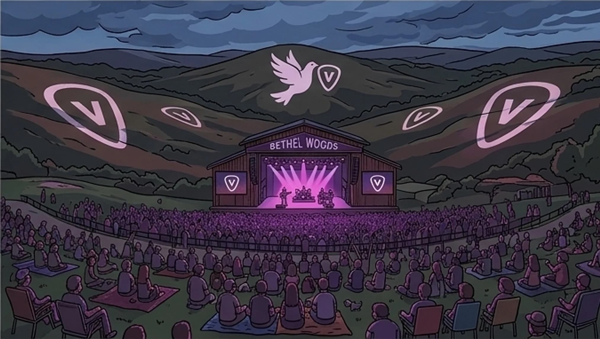 Illustrated Bethel Woods-style hillside amphitheater at dusk: a band on a wooden stage below rolling hills, a dove and Pick5 pick logos in the sky, and a crowd seated on the lawn