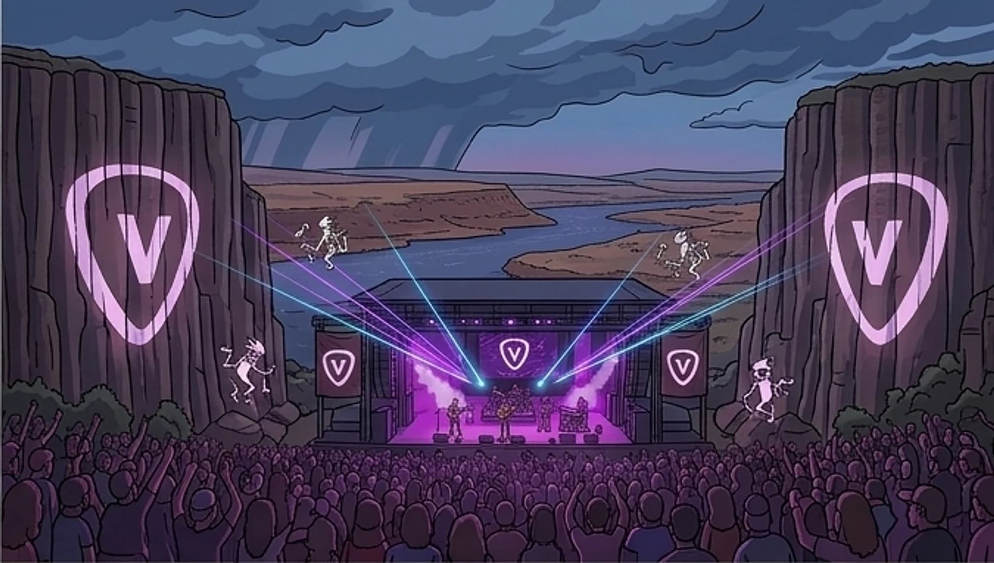 Illustrated Gorge-style amphitheater at dusk: a band on stage under purple and teal lasers above a river canyon, with Pick5 pick logos lit on the cliffs