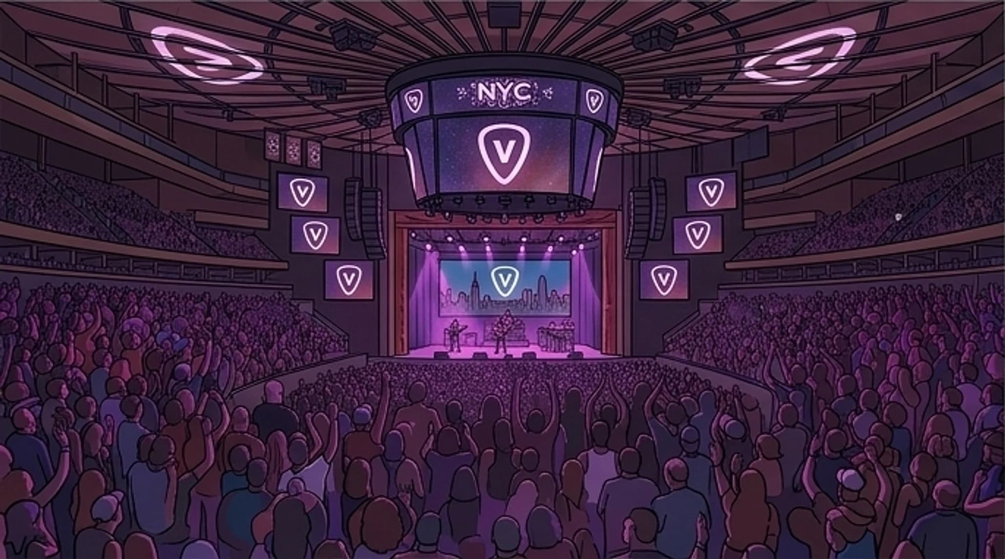 Illustrated sold-out New York arena: a band on stage with Pick5 pick logos on the scoreboard and banners above a packed floor